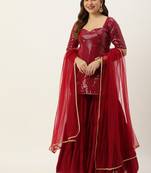 Ethnovog Ready To Wear Maroon Embroidered Georgette Palazzo Suit