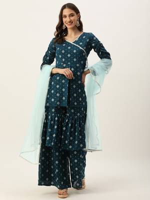 Ethnovog Ready To Wear Blue Art Silk Layered Gharara Suit 1