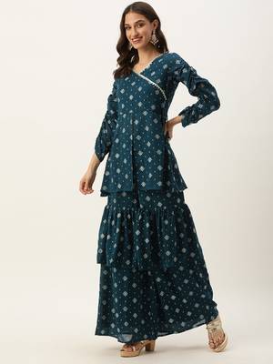 Ethnovog Ready To Wear Blue Art Silk Layered Gharara Suit 5