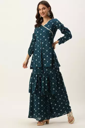 Ethnovog Ready To Wear Blue Art Silk Layered Gharara Suit