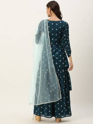 Ethnovog Ready To Wear Blue Art Silk Layered Gharara Suit 6