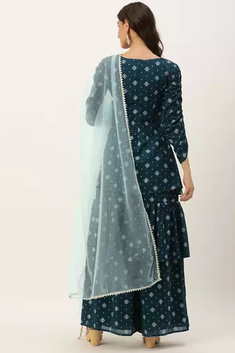 Ethnovog Ready To Wear Blue Art Silk Layered Gharara Suit