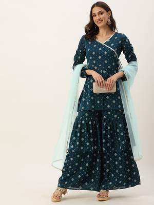 Ethnovog Ready To Wear Blue Art Silk Layered Gharara Suit 7
