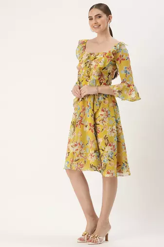 Ethnovog Ready To Wear Yellow Georgette Printed Dress