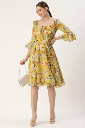 Ethnovog Ready To Wear Yellow Georgette Printed Dress