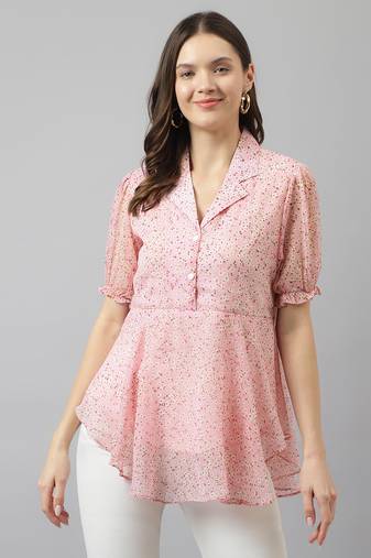 Keri perry women's pale pink georgette floral flared western top