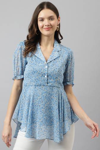Keri perry women's light blue georgette floral flared western top