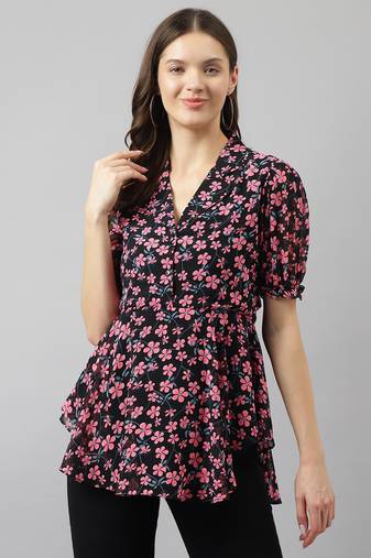 Keri perry women's black & pink georgette floral flared western top