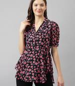 Keri perry women's black & pink georgette floral flared western top