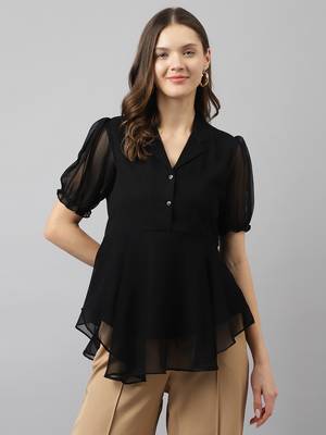 Keri perry women's black georgette solid flared western top 1