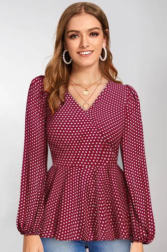 Keri perry women's maroon muslin polka dot wrap western top