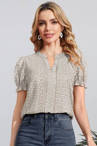 Keri perry women's beige muslin floral frill trim western top