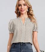 Keri perry women's beige muslin floral frill trim western top