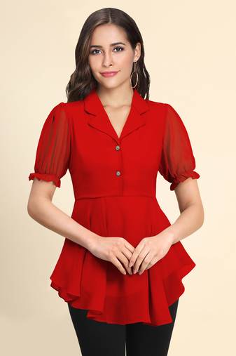 Keri perry women's red georgette solid high low western top
