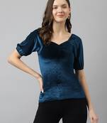 Keri perry women's teal blue velvet solid straight western top