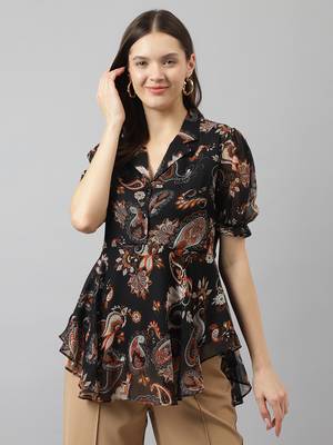 Keri perry women's black georgette paisley flared western top 1