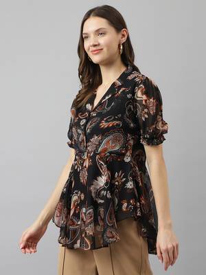 Keri perry women's black georgette paisley flared western top 2