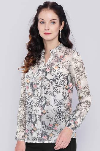 Keri perry women's grey georgette botanical print straight western top