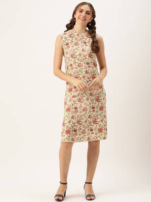 Ethnovog Ready To Wear Beige Rayon Print Dress 1