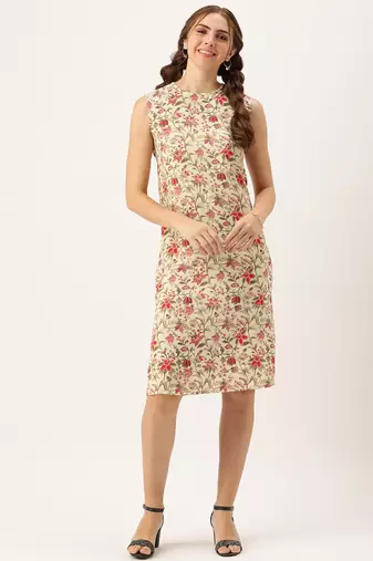 Ethnovog Ready To Wear Beige Rayon Print Dress