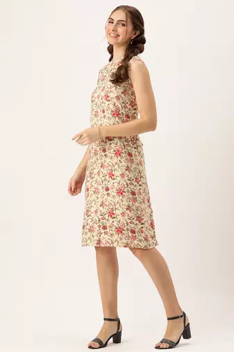 Ethnovog Ready To Wear Beige Rayon Print Dress