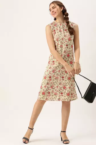 Ethnovog Ready To Wear Beige Rayon Print Dress