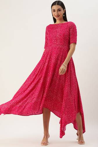 Ethnovog Ready To Wear Pink Bandhani Printed Rayon Dress