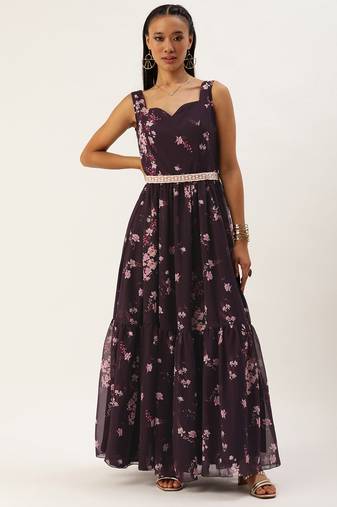Ethnovog Ready To Wear Purple Georgette Digital Printed Tiered Dress