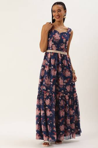 Ethnovog Ready To Wear Blue Georgette Digital Printed Tiered Dress