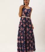 Ethnovog Ready To Wear Blue Georgette Digital Printed Tiered Dress