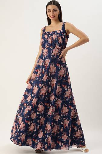 Ethnovog Ready To Wear Blue Georgette Digital Printed Dress