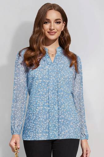 Keri perry women's sky blue georgette floral straight western top