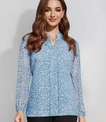 Keri perry women's sky blue georgette floral straight western top