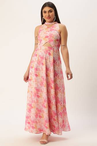 Ethnovog Ready To Wear Multicolored Georgette Printed Halter Neck Dress