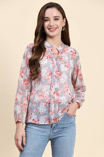 Keri perry women's grey georgette floral straight western top
