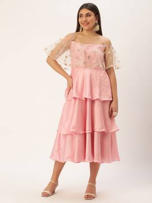 Ethnovog Ready To Wear Light Beige Embroidered Net N Pink Satin Dress 1