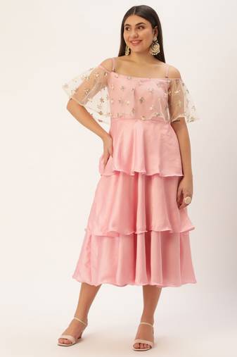 Ethnovog Ready To Wear Light Beige Embroidered Net N Pink Satin Dress