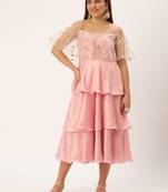 Ethnovog Ready To Wear Light Beige Embroidered Net N Pink Satin Dress