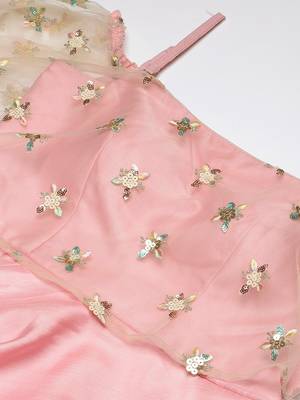 Ethnovog Ready To Wear Light Beige Embroidered Net N Pink Satin Dress 2