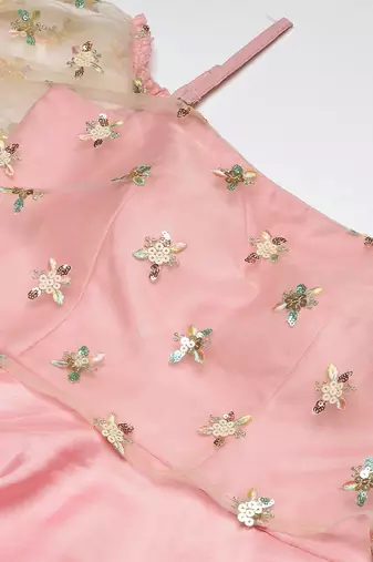 Ethnovog Ready To Wear Light Beige Embroidered Net N Pink Satin Dress