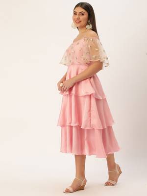 Ethnovog Ready To Wear Light Beige Embroidered Net N Pink Satin Dress 3