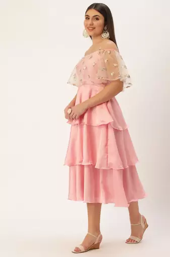 Ethnovog Ready To Wear Light Beige Embroidered Net N Pink Satin Dress