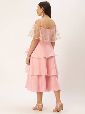 Ethnovog Ready To Wear Light Beige Embroidered Net N Pink Satin Dress 4