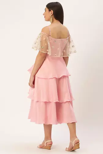 Ethnovog Ready To Wear Light Beige Embroidered Net N Pink Satin Dress
