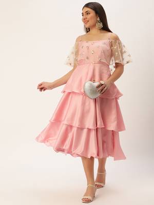 Ethnovog Ready To Wear Light Beige Embroidered Net N Pink Satin Dress 5