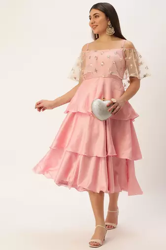 Ethnovog Ready To Wear Light Beige Embroidered Net N Pink Satin Dress