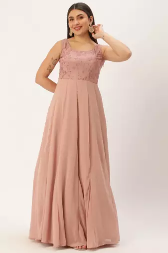 Ethnovog Ready To Wear Pink Foil Printed Net Godet Dress