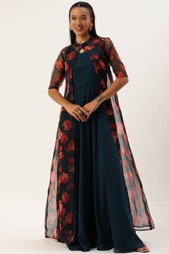 Ethnovog Ready To Wear Multicolored Organza Jacket N Teal Blue Dress