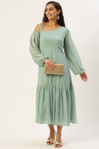 Ethnovog Ready To Wear Green Georgette Embroidered Dress