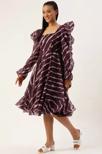 Ethnovog Ready To Wear Wine Digital Printed Organza Dress